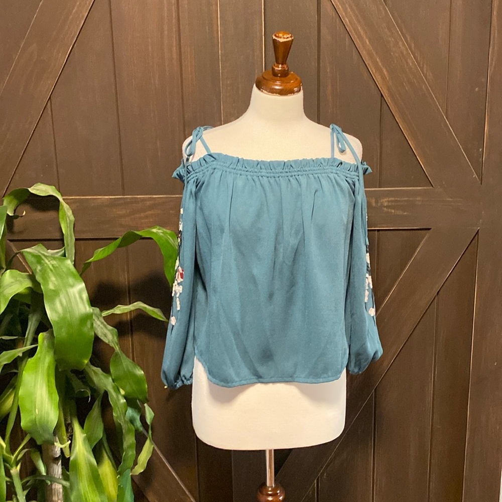 InTu Sage green medium off the shoulder blouse with embroidered sleeves